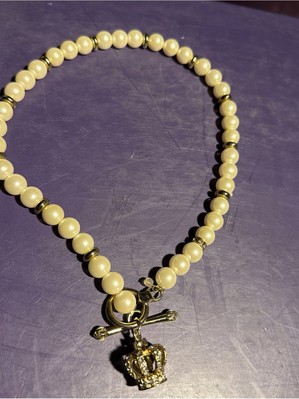 Juicy Couture Cream Pearl Necklace with Gold Crown Charm
